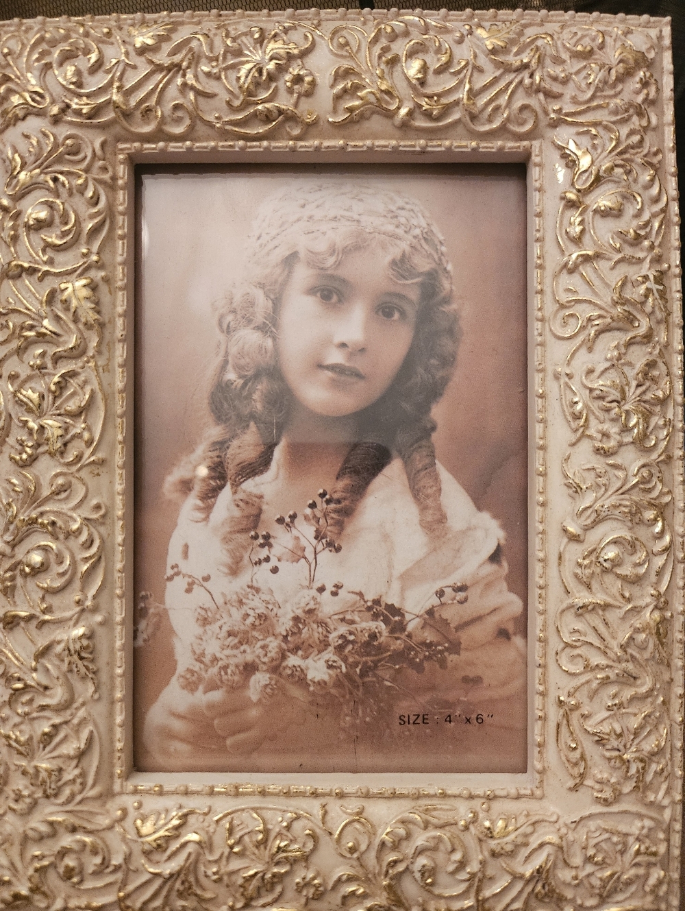 Antique Looking Ornate Floral Carved Picture Frame in Cream and Gold 4x6